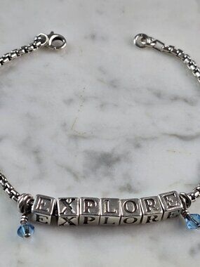 Womens Vintage Estate Sterling Silver EXPLORE Bracelet 11.1g E6761